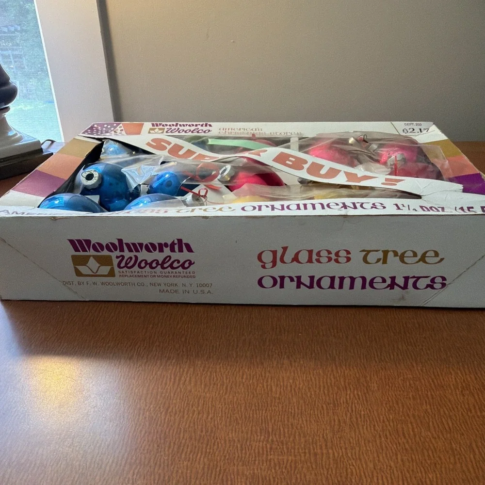 Vtg MCM Woolworth Woolco Multi Colored Glass Ornaments 15 In Box